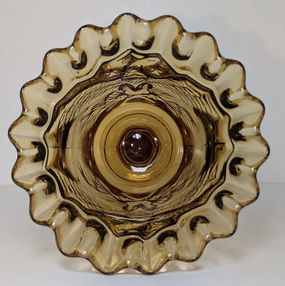 L.E. Smith Amber Federal Heritage Glass Goblet American Eagle MCM Crimped